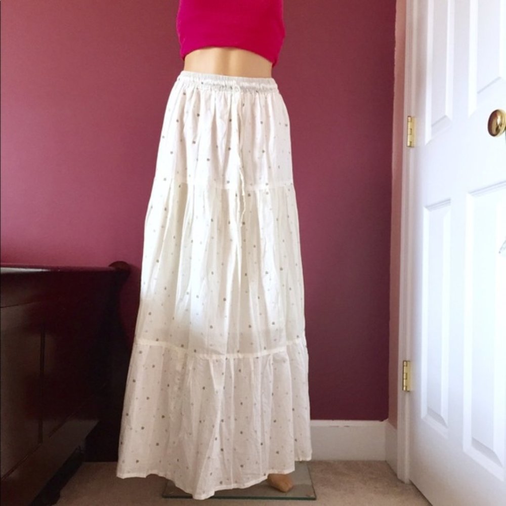 Cotton Boho Long Skirt White & Gold OS